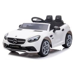 Otroški električni avto Mercedes bel, sprednji levi pogled z odprto kabino in dvema sedežema