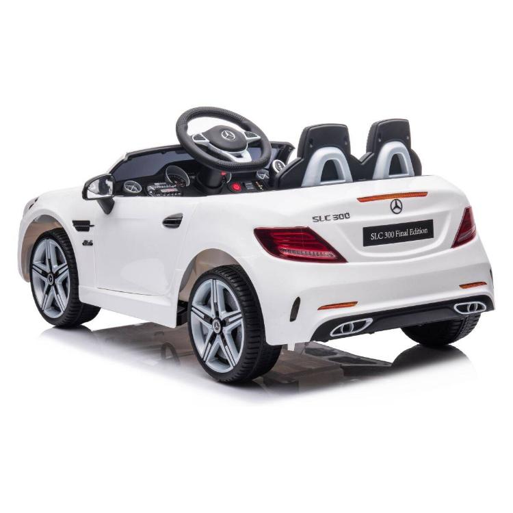 Otroški električni avto Mercedes bel, zadnji desni pogled z dvojnim izpuhom in zadnjimi lučmi