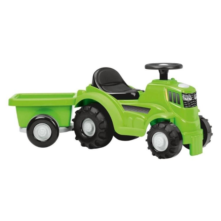 Otroški poganjalec v obliki traktorja s prikolico v zeleni barvi