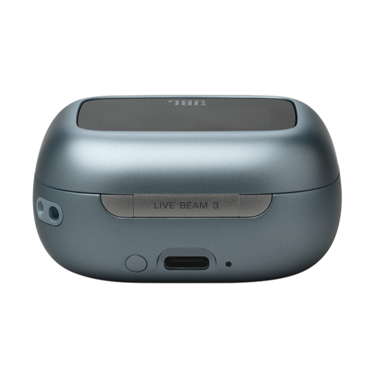 Zaprto modro polnilno ohišje za brezžične slušalke, zadnja stran z vrati za polnjenje