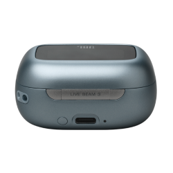 Zaprto modro polnilno ohišje za brezžične slušalke, zadnja stran z vrati za polnjenje