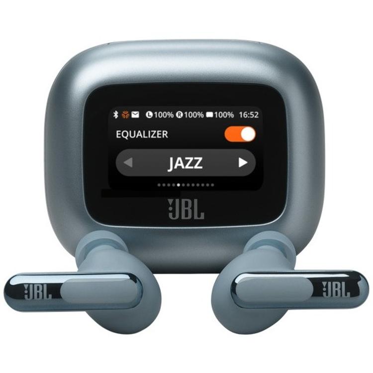 Brezžične ušesne slušalke v modrem polnilnem ohišju z zaslonom za nastavitve zvoka