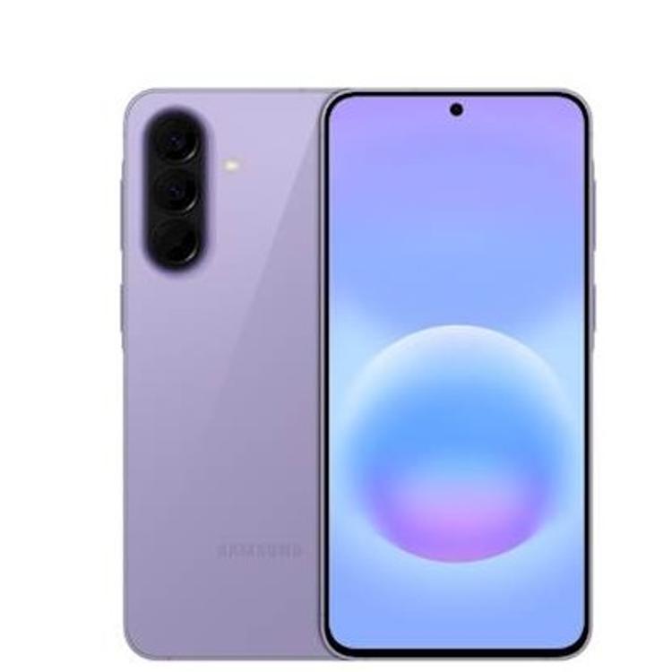 Sprednji in zadnji pogled na telefon Samsung Galaxy z osrednjo kamero na zaslonu in trojno kamero zadaj, lila barva. 