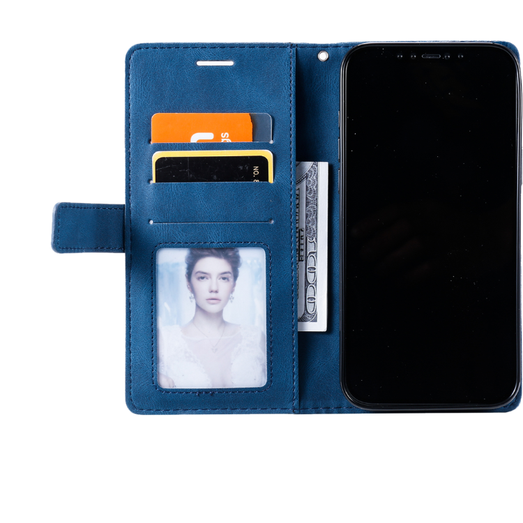 Modra preklopna torbica WLGO Lines za Xiaomi Redmi A7 Pro z režami za kartice, prostorom za gotovino in prozornim žepom za fotografijo.