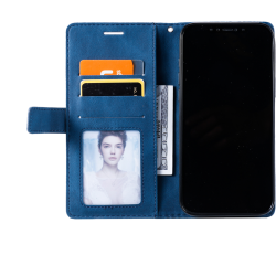 Modra preklopna torbica WLGO Lines za Xiaomi Redmi A7 Pro z režami za kartice, prostorom za gotovino in prozornim žepom za fotografijo.