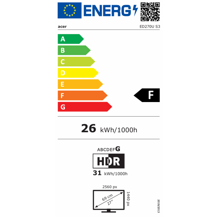  Energijska nalepka za monitor Acer ED270U S3 z razredom F, porabo 26 kWh/1000 h in diagonalo 27 palcev.