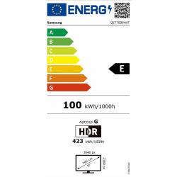 Samsung energijska nalepka na beli podlagi z barvno lestvico A-G, označen razred E, poraba 100 kWh/1000 h, HDR 423 kWh.