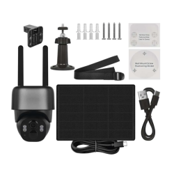 GoSmart IP-1200 zunanja vrtljiva kamera, prikazana s priloženim solarnim panelom, montažnim nosilcem, pritrdilnim materialom in USB‑C kablom.