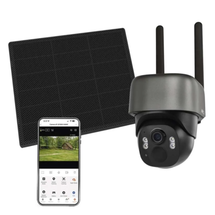 GoSmart IP-1200 zunanja vrtljiva kamera, prikazana s solarnim panelom in mobilno aplikacijo za oddaljeni nadzor dogajanja.