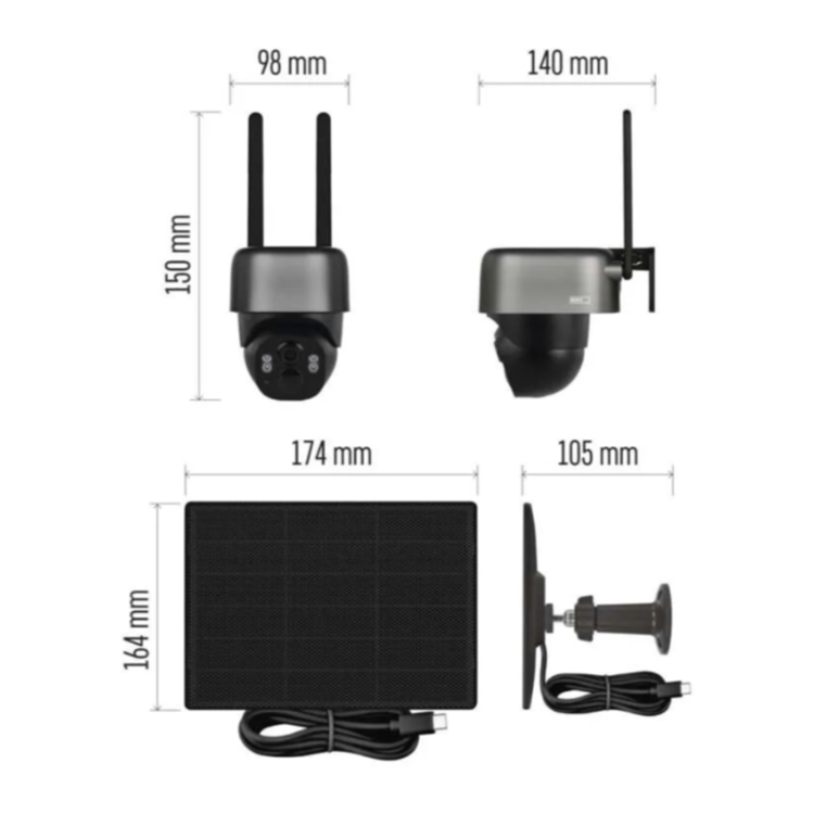 GoSmart IP-1200 zunanja vrtljiva kamera, prikazana s tehničnim prikazom dimenzij kamere in solarnega panela. Vidne so dimenzije kamere 150 × 98 × 140 mm ter solarnega panela 174 × 164 mm.