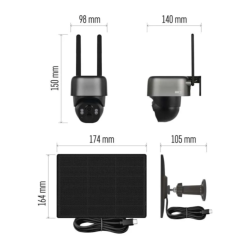 GoSmart IP-1200 zunanja vrtljiva kamera, prikazana s tehničnim prikazom dimenzij kamere in solarnega panela. Vidne so dimenzije kamere 150 × 98 × 140 mm ter solarnega panela 174 × 164 mm.