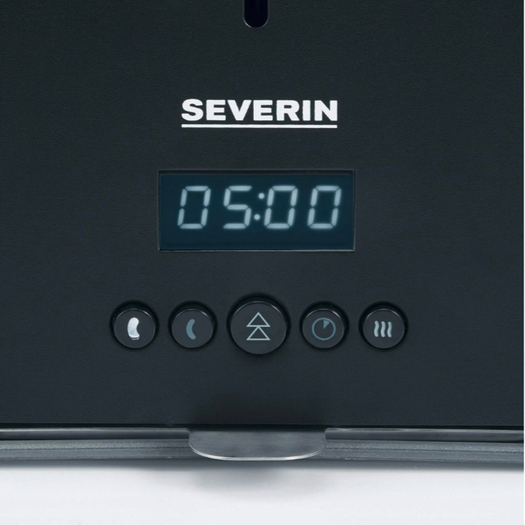 SEVERIN aparat za pripravo hrenovk v črni barvi, prikazan z digitalnim časovnikom in gumbi za upravljanje temperature ter časa priprave.