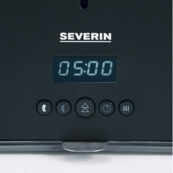 SEVERIN aparat za pripravo hrenovk v črni barvi, prikazan z digitalnim časovnikom in gumbi za upravljanje temperature ter časa priprave.