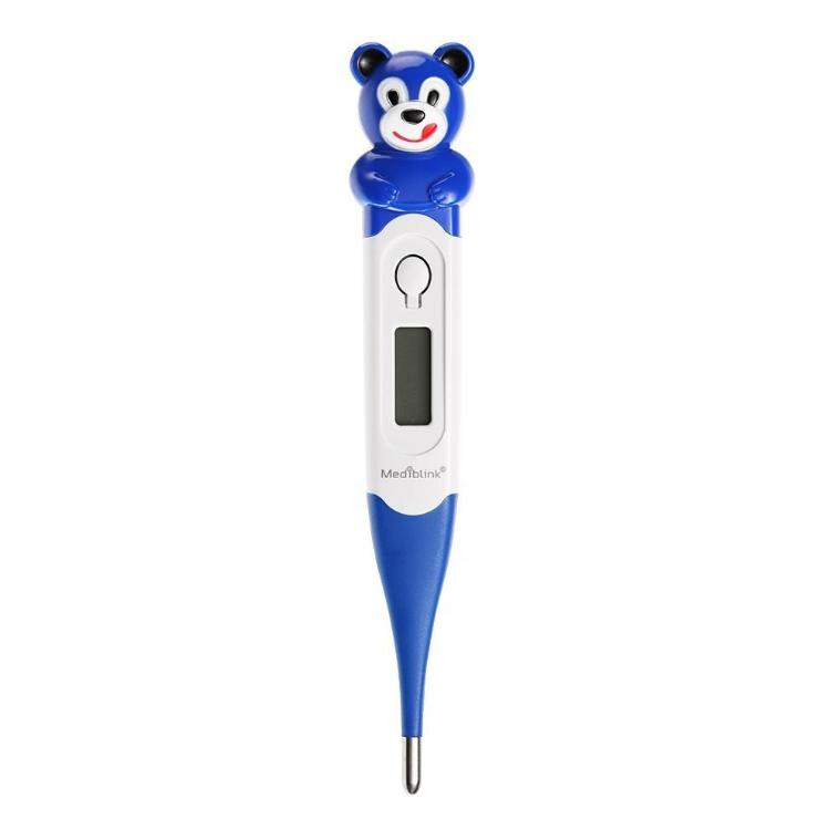 Digitalni otroški termometer modre barve s prilagodljivo konico in prikazovalnikom temperature.