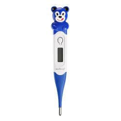 Digitalni otroški termometer modre barve s prilagodljivo konico in prikazovalnikom temperature.