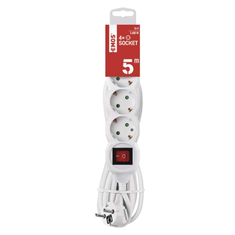 Podaljšek Emos 5 m / 4 vtičnice / s stikalom / beli / PVC / 1,5 mm2