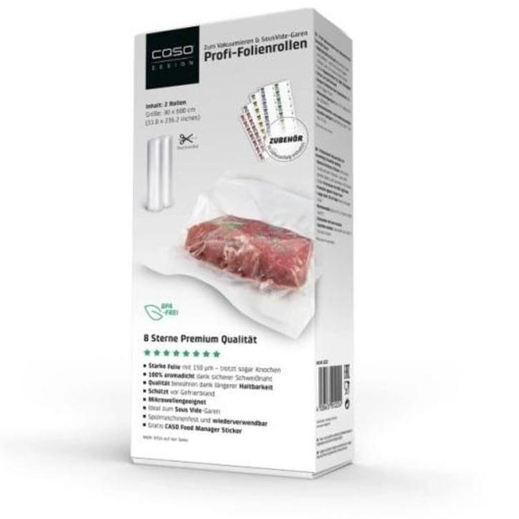 Komplet vakuumskih folij CASO Profi vsebuje dve profesionalni roli za izdelavo vakuumskih vrečk po meri ter omogoča varno shranjevanje, zamrzovanje in sous-vide pripravo živil.