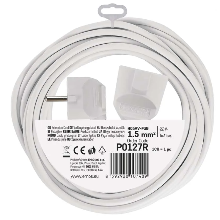 Podaljšek Emos 7 m / 1 vtičnica / beli / PVC / 1,5 mm2