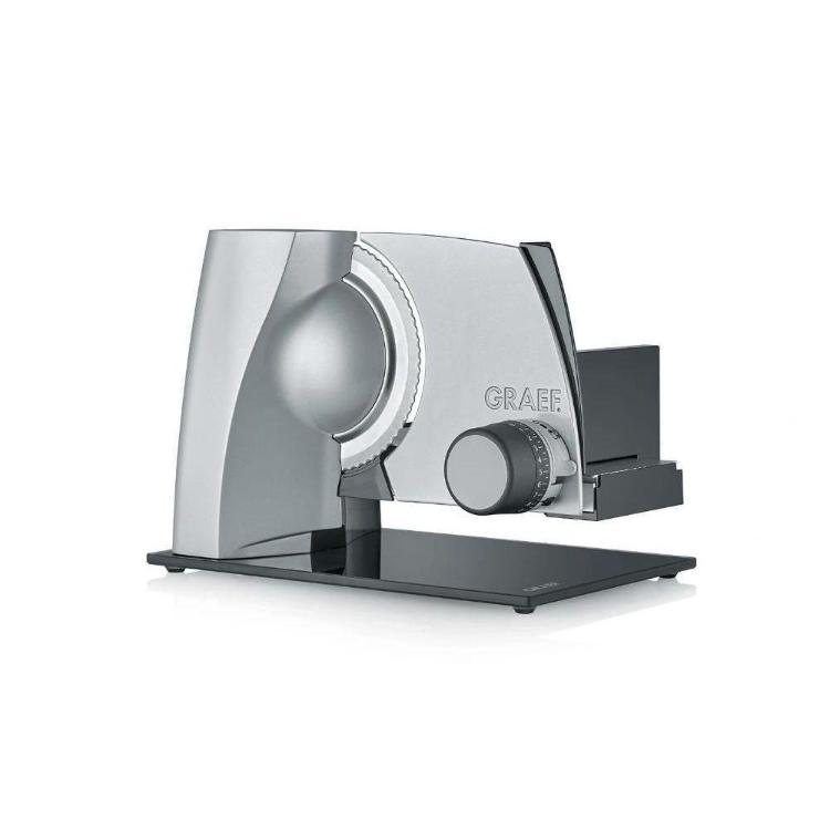 Električni rezalnik hrane Graef v srebrni barvi, stranski pogled