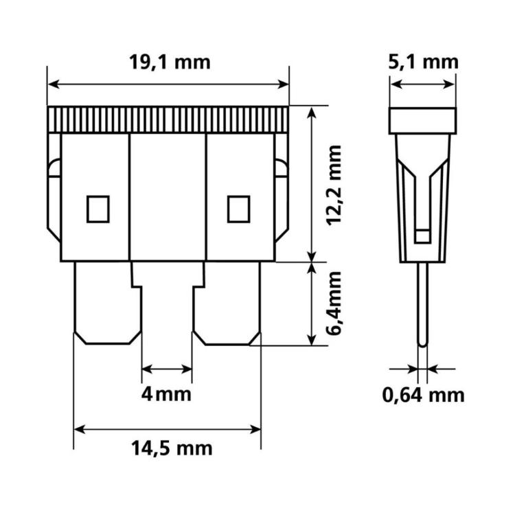 Tehnična risba avtomobilske nožaste varovalke NORM z merami 19,1 × 12,2 mm in širino nožic 4 mm.