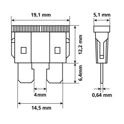 Tehnična risba avtomobilske nožaste varovalke NORM z merami 19,1 × 12,2 mm in širino nožic 4 mm.