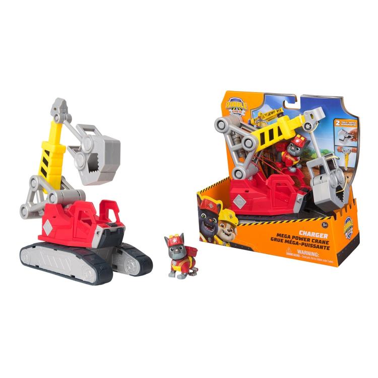 Igralni gradbeni žerjav Charger Mega Power Crane iz Rubble & Crew s figurico Charger in gibljivimi prijemali, za otroke 3+.