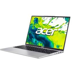 Acer Aspire prenosnik, prikazan pod kotom z odprtim zaslonom, tankimi robovi in sodobnim srebrnim ohišjem.