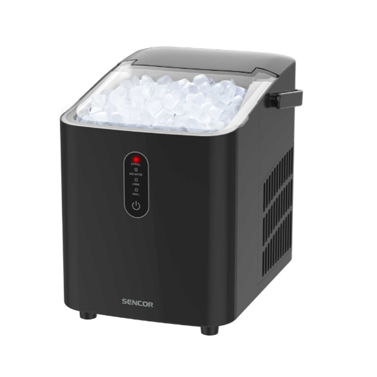 Aparat za izdelavo ledu Sencor črne barve z odprtim zgornjim pokrovom in vidnimi kockami ledu.