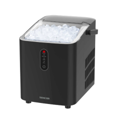 Aparat za izdelavo ledu Sencor črne barve z odprtim zgornjim pokrovom in vidnimi kockami ledu.