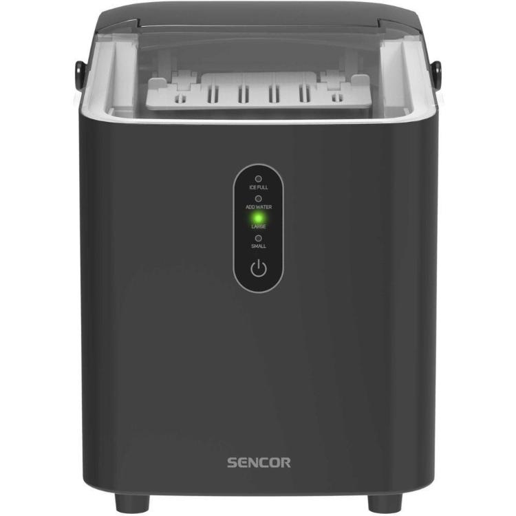 Aparat za izdelavo ledu Sencor z zaprtim pokrovom in nadzorno ploščo na sprednji strani.