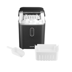 Aparat za izdelavo ledu Sencor z odprtim pokrovom, priložena zajemalka in košara za led.