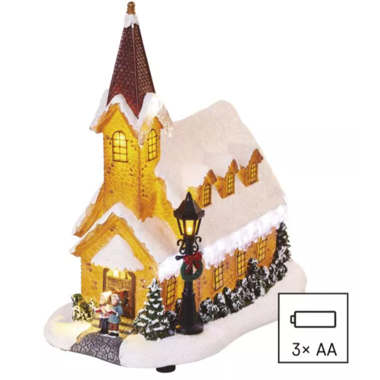 LED zasnežena božična cerkev, 26 cm, 3× AA, notranja, topla bela_2