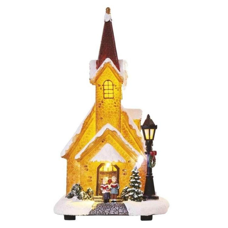 LED zasnežena božična cerkev, 26 cm, 3× AA, notranja, topla bela