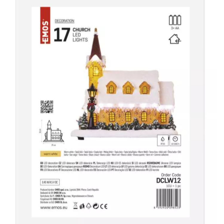 LED zasnežena božična cerkev, 26 cm, 3× AA, notranja, topla bela_3