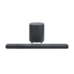 Soundbar JBL 1000 M2 s brezžičnim nizkotoncem, sprednji pogled na komplet domačega kina.