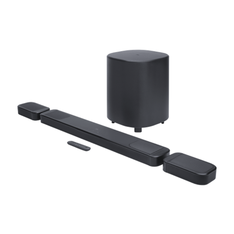 Soundbar JBL 1000 M2 z nizkotoncem, odstranljivima prostorskima zvočnikoma in daljincem.