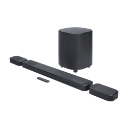 Soundbar JBL 1000 M2 z nizkotoncem, odstranljivima prostorskima zvočnikoma in daljincem.