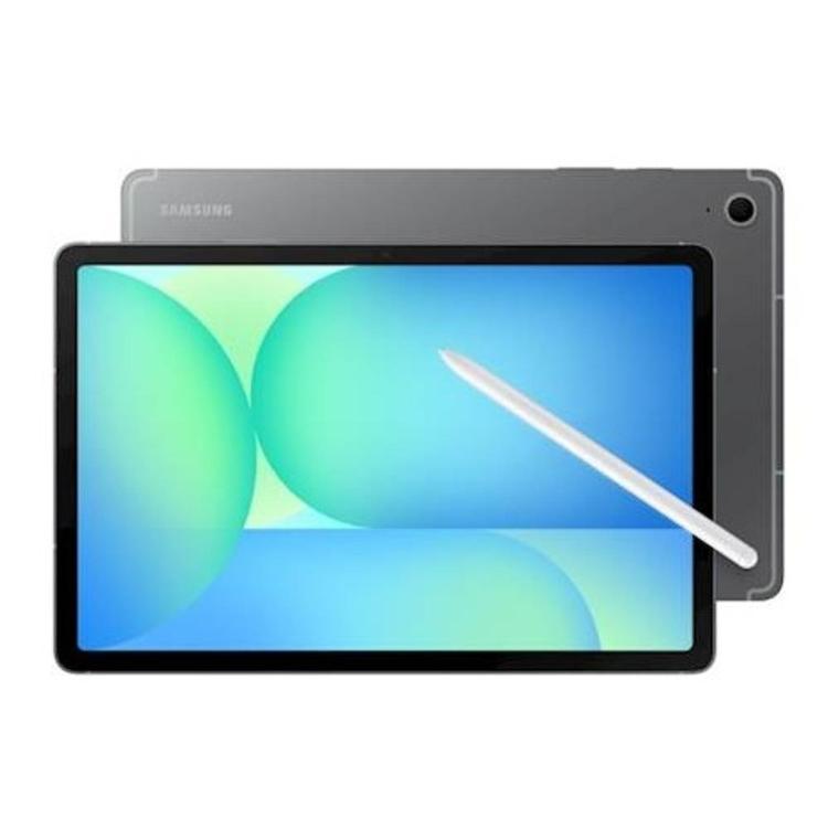 Samsung Galaxy Tab S10 FE+ SM-X520 v sivi barvi s pisalom S Pen, pogled na sprednjo in zadnjo stran.