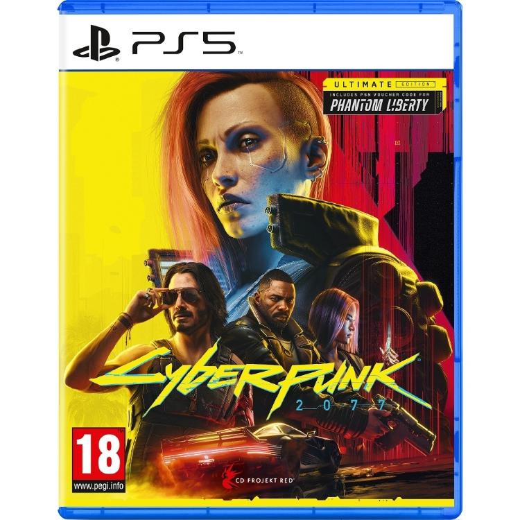 Cyberpunk 2077 Ultimate Edition za PS5, uradna naslovnica z likom V, Phantom Liberty razširitvijo in futurističnim Night Cityjem.