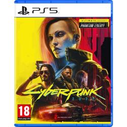 Cyberpunk 2077 Ultimate Edition za PS5, uradna naslovnica z likom V, Phantom Liberty razširitvijo in futurističnim Night Cityjem.