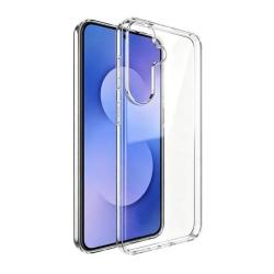 Prozoren svetleč TPU ovitek za Samsung Galaxy S26 FE z ojačanimi robovi, zaščito za kamero in prozornim dizajnom, ki ohranja videz telefona.