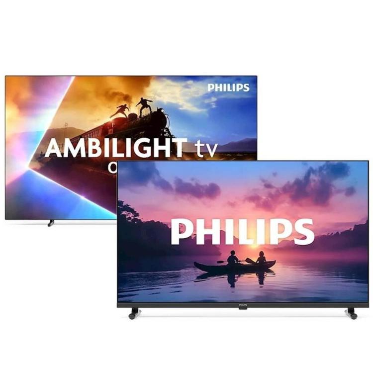 Philips TV: dva televizorja, zadnji z Ambilight osvetlitvijo, sprednji brez Ambilight, prizor čolna ob sončnem zahodu.