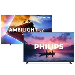 Philips TV: dva televizorja, zadnji z Ambilight osvetlitvijo, sprednji brez Ambilight, prizor čolna ob sončnem zahodu.