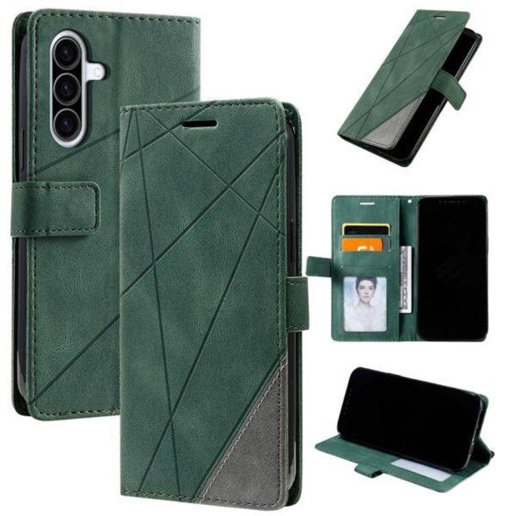 Zelena preklopna torbica za pametni telefon Samsung Galaxy A57 5G z geometrijskim vzorcem, magnetnim zapiranjem, režami za kartice in funkcijo stojala nudi celovito zaščito in eleganten videz.
