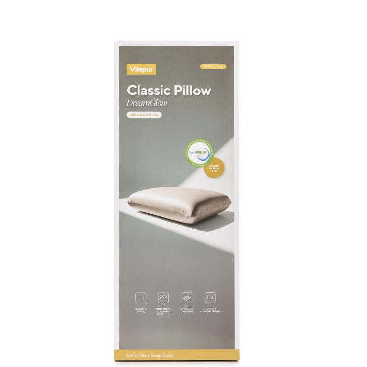 Embalaža blazine Vitapur DreamGlow 40 × 60 cm z ikonami za udobje, podporo in spominsko peno.