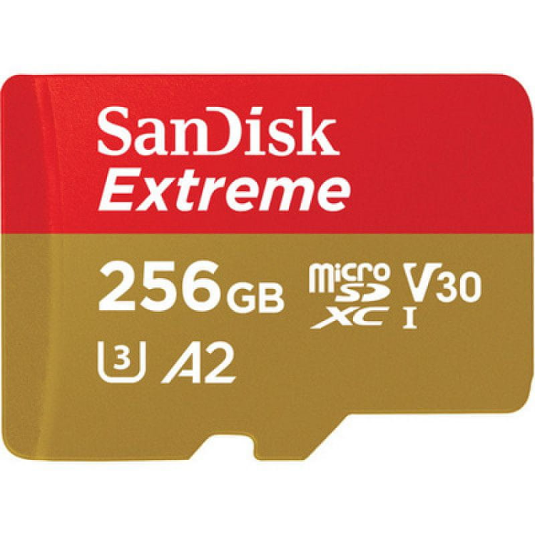 Spominska kartica SanDisk MicroSDXC 256GB Extreme, 190/130MB/s, A2, UHS-I, C10, V30, U3, adapter