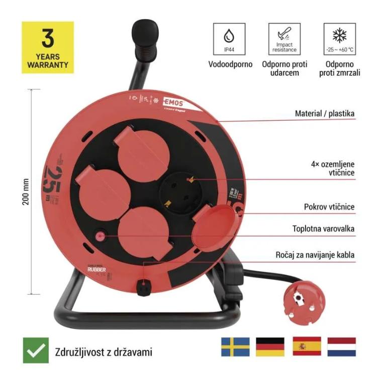 Zunanji kolutni podaljšek Emos 25 m / 4 vtičnice / 230V/400V / 1,0 mm2