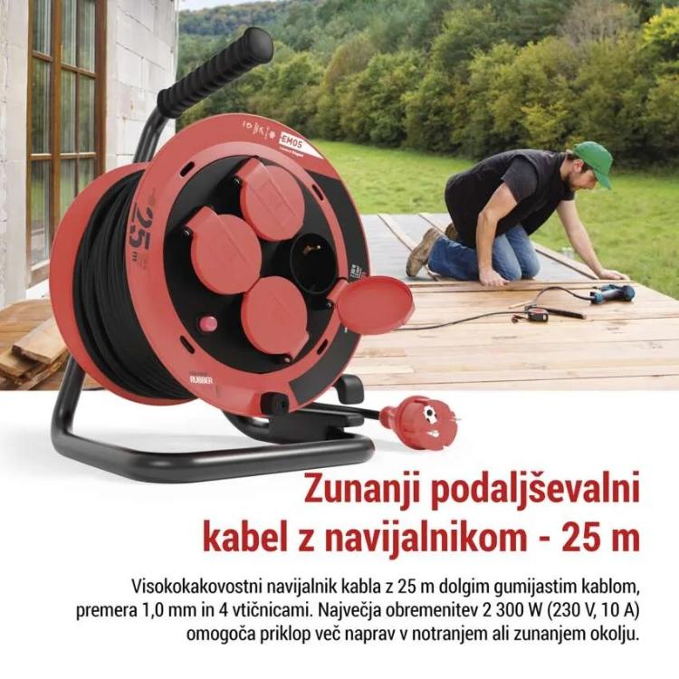 Zunanji kolutni podaljšek Emos 25 m / 4 vtičnice / 230V/400V / 1,0 mm2