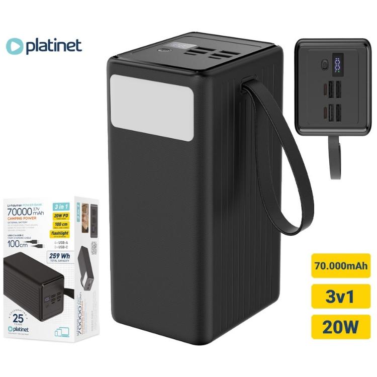 Polnilna baterija Platinet PMPB7020, 20W, 70.000mAh, izdelek z embalažo, ročajem za prenašanje ter prikazom priključkov in zaslona.