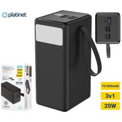 Polnilna baterija Platinet PMPB7020, 20W, 70.000mAh, izdelek z embalažo, ročajem za prenašanje ter prikazom priključkov in zaslona.